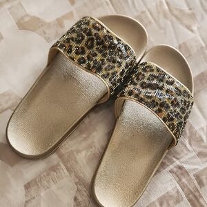 Gold Leopard Print Slide Sandals - Women